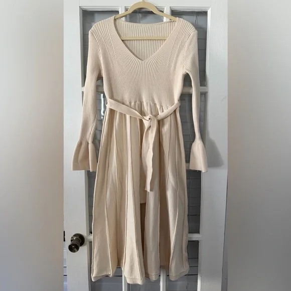 SHEIN Women's L Cream Ribbed Knit Long Sleeve Midi Sweater Dress - Picture 1 of 7